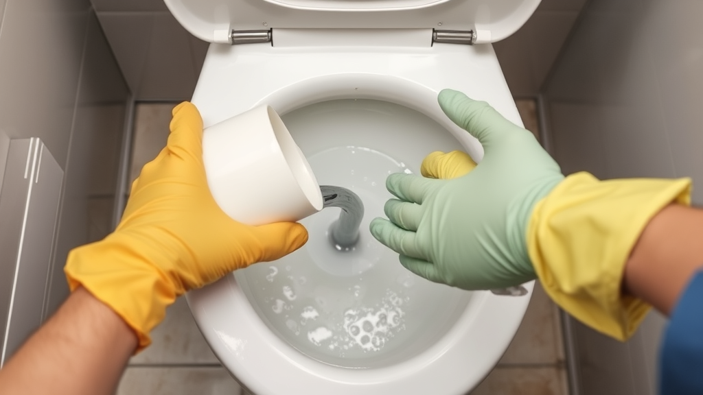 Hands wearing rubber gloves pouring hot soapy water into toilet bowl, safety focused image, no text no words no letters
