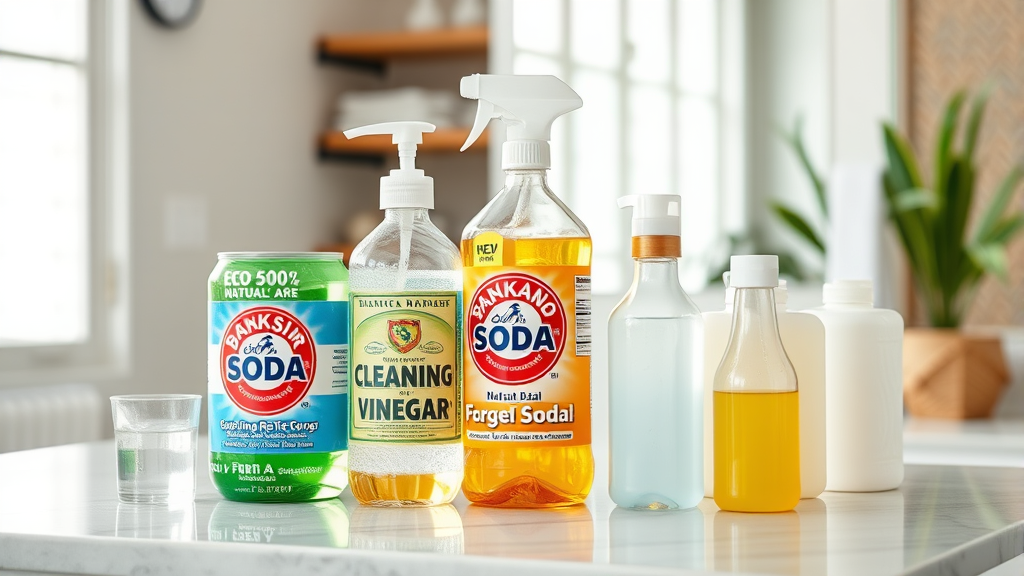 Natural cleaning supplies baking soda vinegar dish soap arranged on bathroom counter, eco friendly cleaning, no text no words no letters
