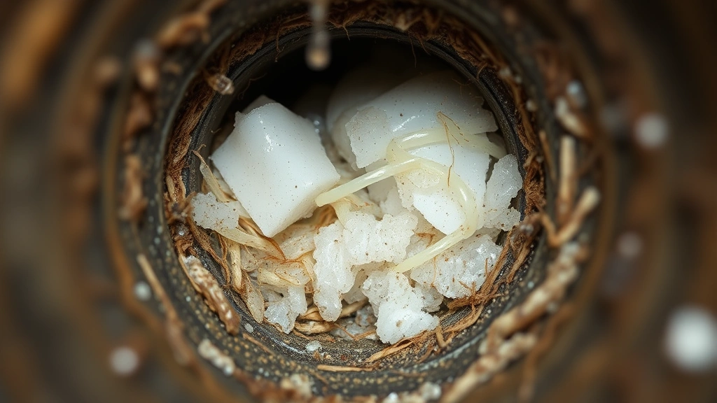 Close-up of hair and soap buildup inside a shower drain pipe cross-section, showing accumulated debris layers in realistic detail