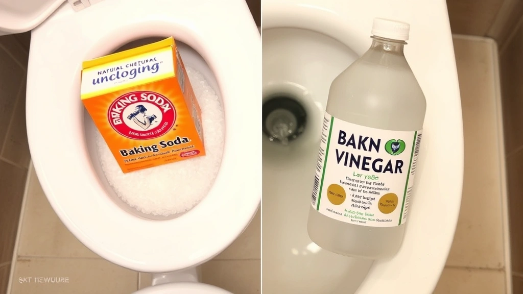 Baking soda box and white vinegar bottle positioned next to a toilet bowl with fizzing reaction occurring inside, showing natural chemical unclogging method