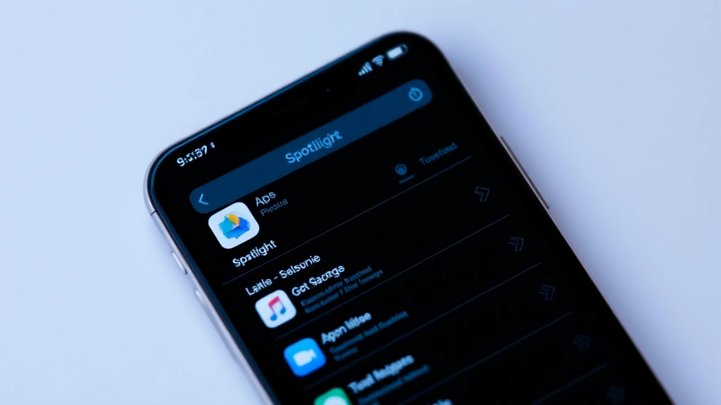iPhone screen displaying Spotlight Search interface with search results showing app icons and names, clean minimalist design with soft blue tones