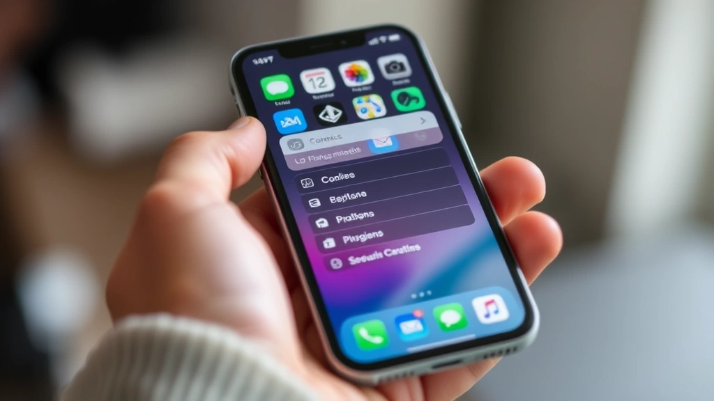 Hands holding iPhone showing long-press context menu appearing over an app icon with options visible, realistic perspective and natural lighting
