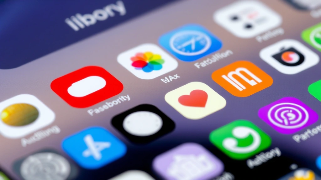 Close-up of iPhone home screen showing App Library interface with colorful app icons organized by category, modern iOS design aesthetic