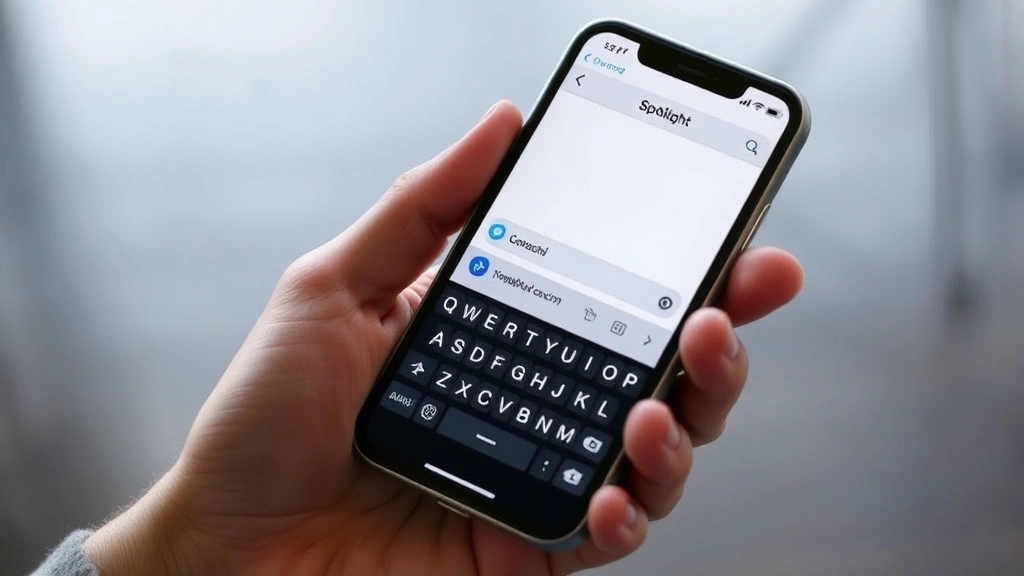 Person's hand holding iPhone displaying Spotlight search feature with keyboard visible, searching for an application