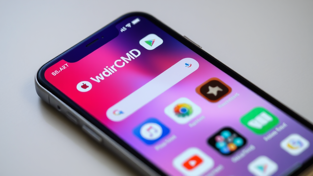 iPhone displaying search interface with app icons appearing in search results, modern iOS design elements, no text no words no letters