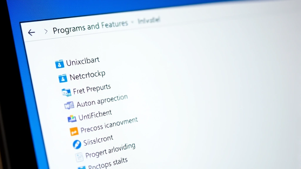 Close-up of a computer screen showing Windows Control Panel with Programs and Features window open, displaying uninstall options in a clean, organized interface
