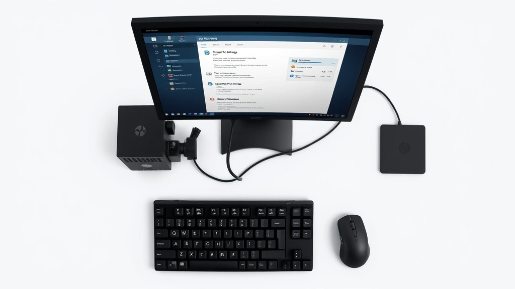 Overhead shot of a gaming PC setup with keyboard, mouse, and monitor displaying system settings, representing digital cleanup and maintenance workflow