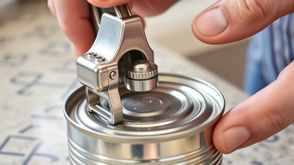 Close-up of a manual hand-crank can opener positioned on a tin can lid, showing the cutting wheel engaging the metal edge, hands gripping the handles, kitchen counter background