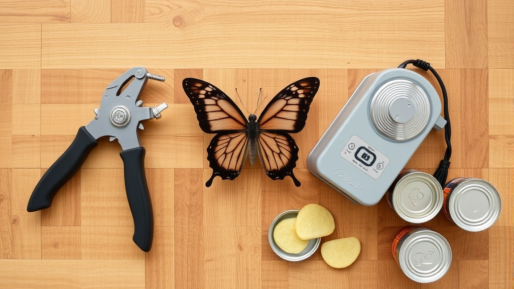 Overhead view of three different can opener types arranged on a wooden surface: hand-crank, butterfly, and electric model, with opened cans nearby