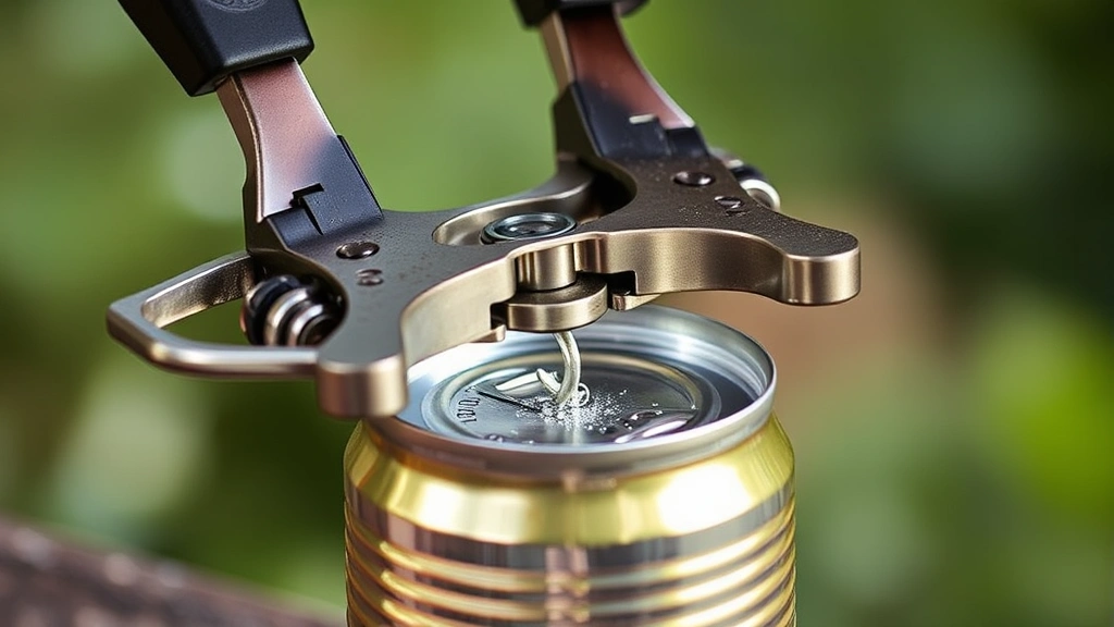 Detailed shot of a butterfly can opener mid-action, handles being squeezed together with a can positioned below, metal shavings visible near the cutting wheel
