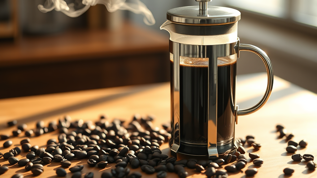 Elegant French press coffee maker with steam rising from dark roasted coffee beans scattered around wooden surface warm morning light no text no words no letters