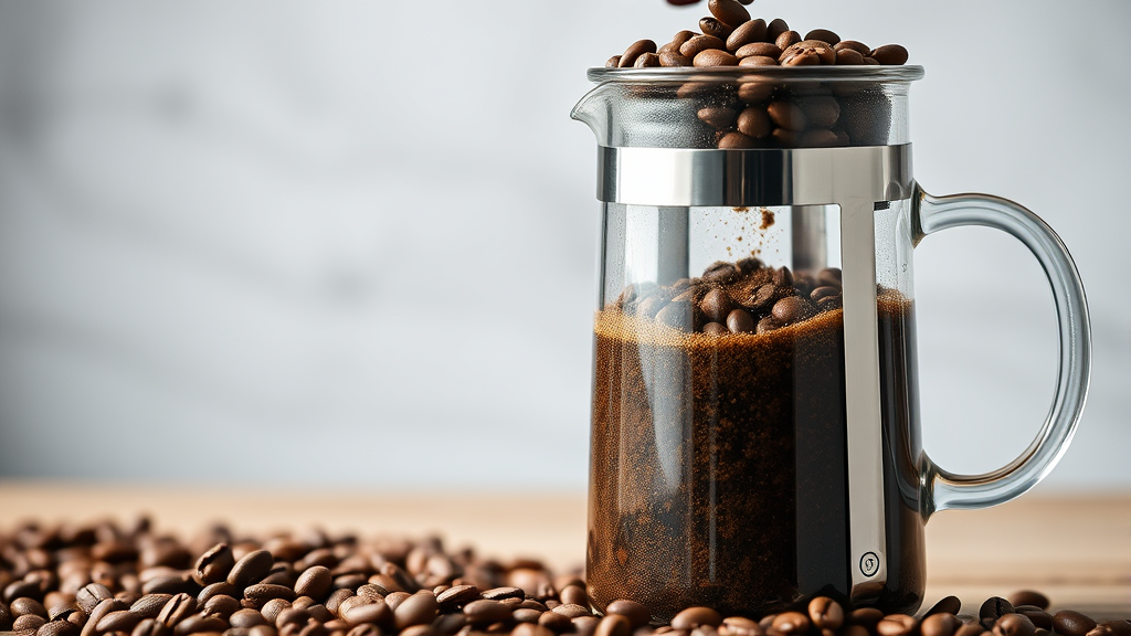 Coarse ground coffee beans being poured into glass French press carafe with hot water steam and brewing process visible no text no words no letters