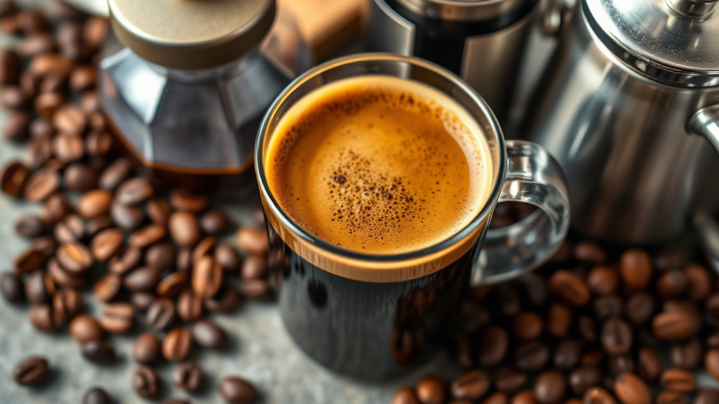 Perfect cup of French press coffee with rich crema golden brown color alongside coffee beans and brewing equipment no text no words no letters