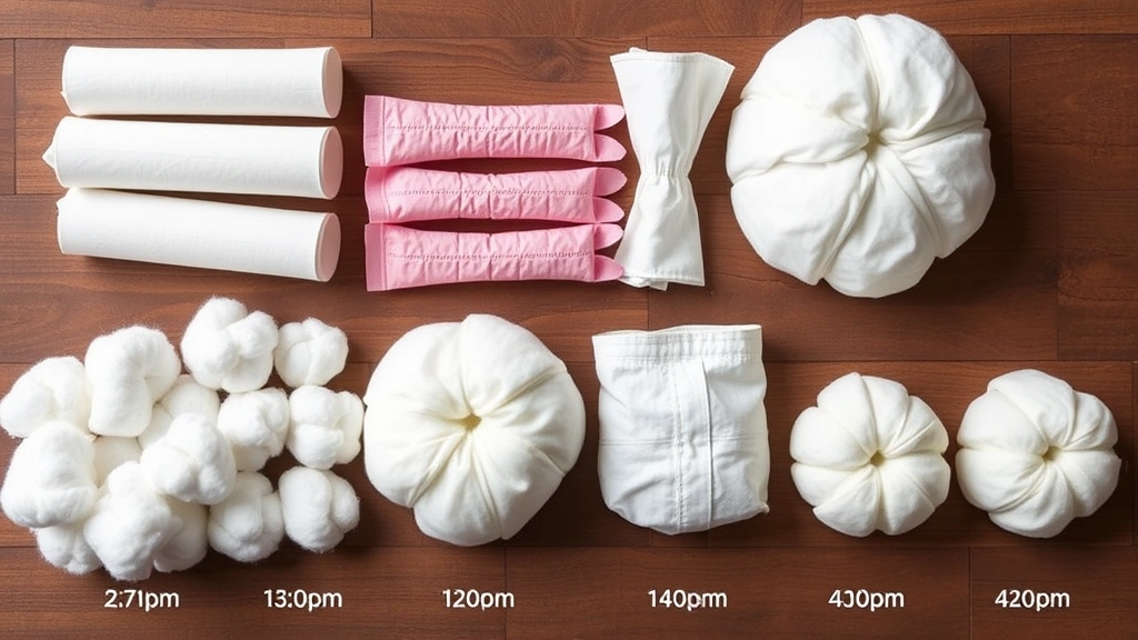 Organized collection of different tampon absorbency types displayed with cotton balls of varying sizes showing absorption capacity differences