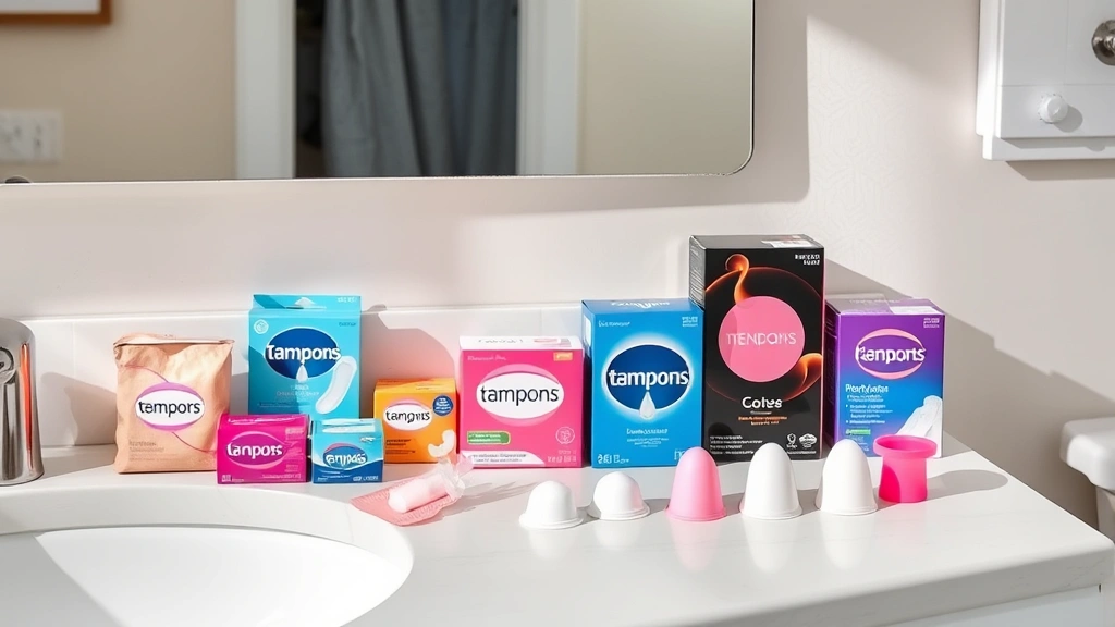 Bathroom vanity counter with various menstrual product options including tampons, pads, and cups arranged neatly in natural lighting