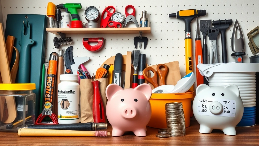 Organized collection of home improvement materials and tools with a piggy bank showing accumulated savings from rewards