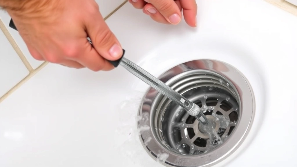 Close-up of hands using a drain snake to clear a shower drain, water flowing, bathroom setting with tiles visible, professional technique demonstration