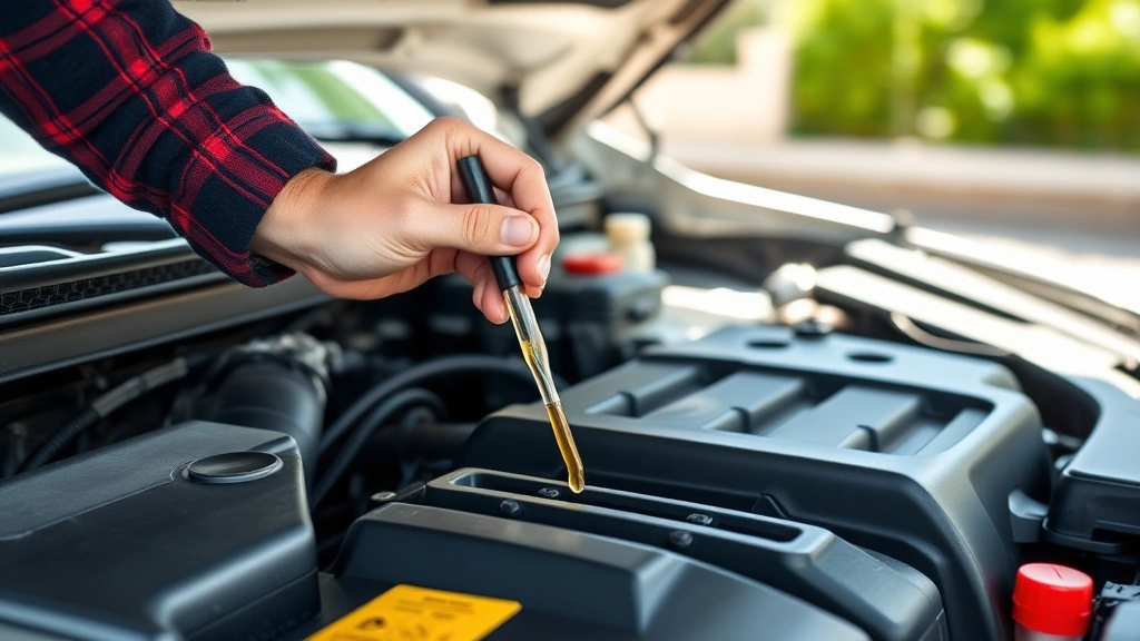 Person checking engine oil level on a car engine with dipstick, hood open, natural daylight, hands and tools clearly visible, focused work