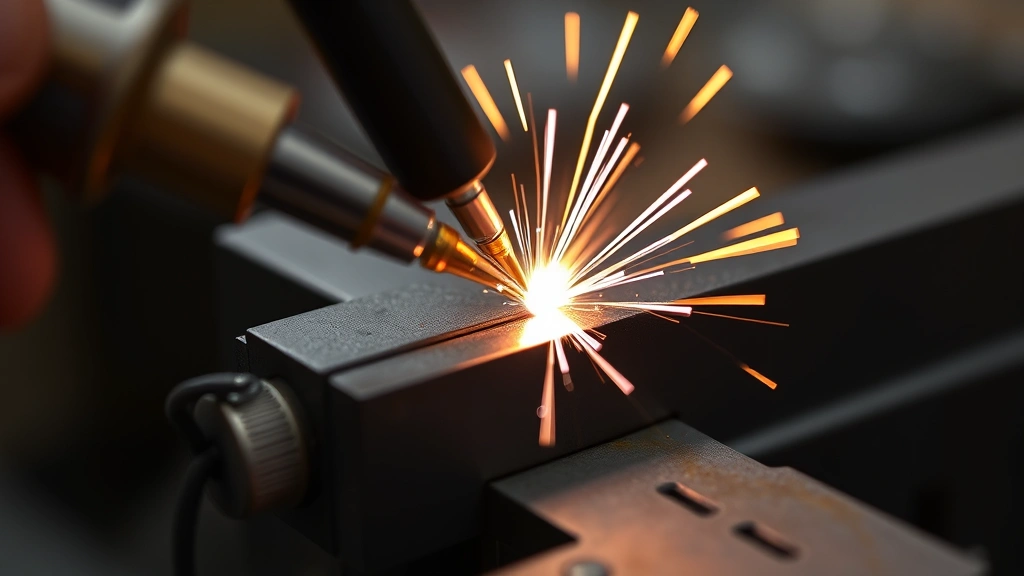 Soldering iron heating a metal joint with solder flowing, close-up of precision technical work, sparks and heat visible, professional workshop setting