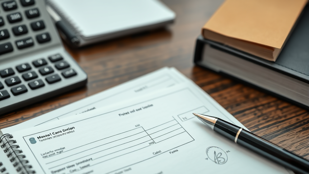 Professional banking workspace with blank checks and pen on desk, no text no words no letters