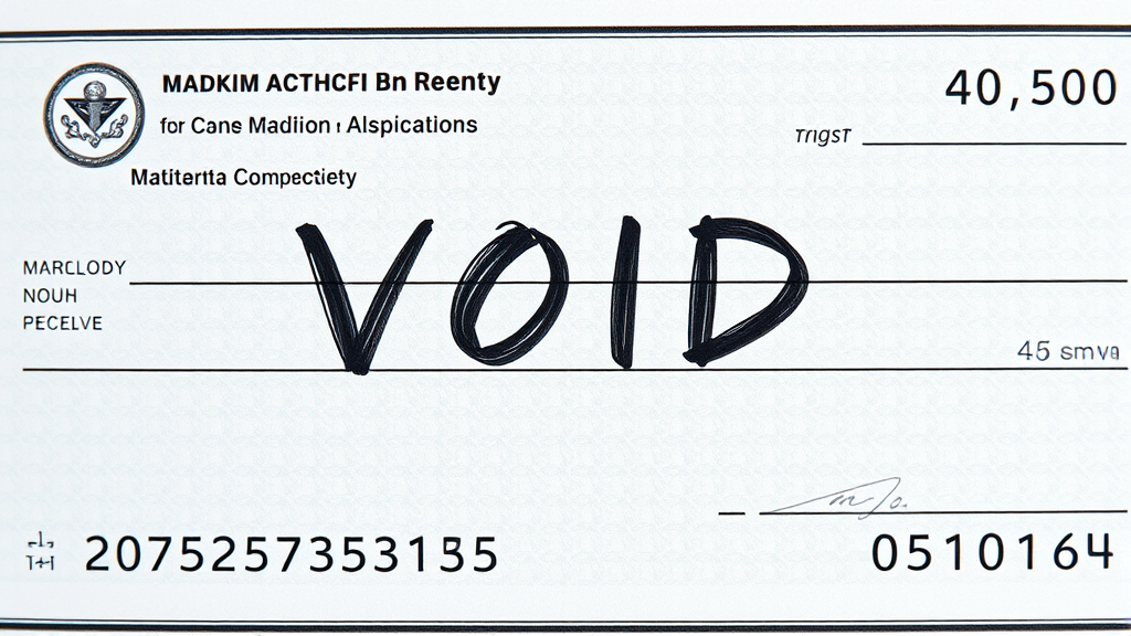 Close-up of check with VOID written across it clearly, banking details visible, no text no words no letters