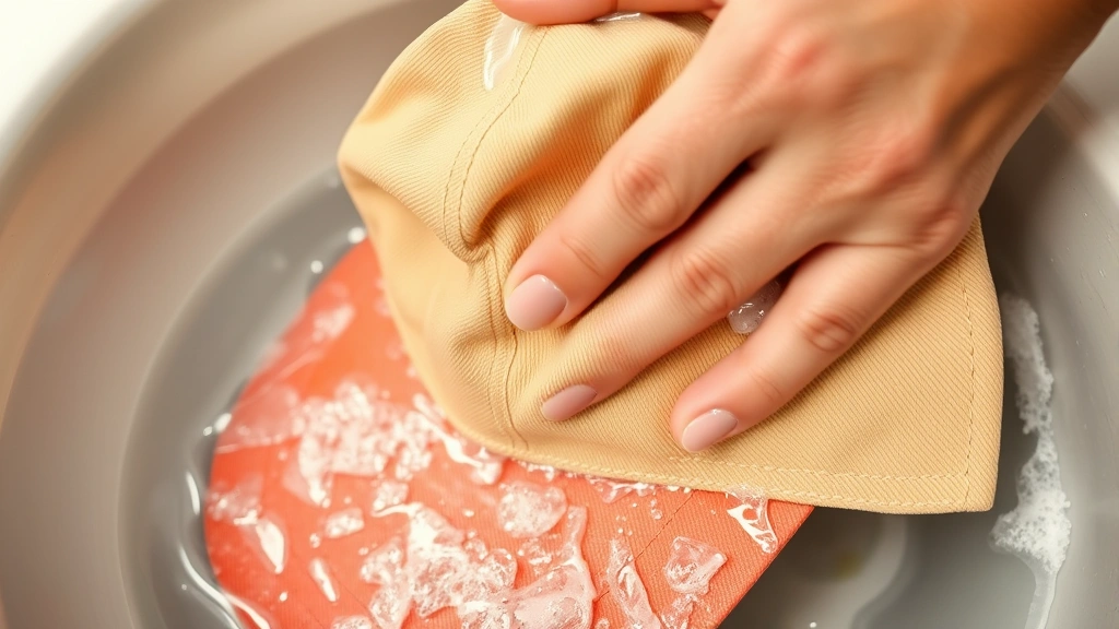 Close-up of a baseball cap being gently hand washed in a sink with soapy water, showing soft brush bristles cleaning the sweatband area