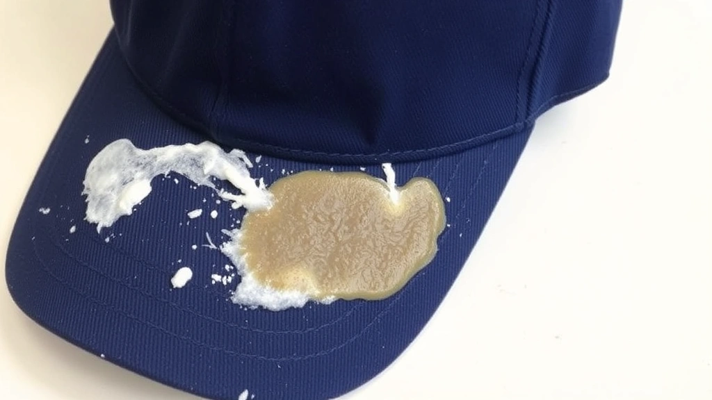 A baseball cap with visible sweat stains on the sweatband, baking soda paste applied to the stained area, sitting on a white surface before scrubbing