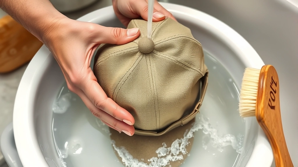 Close-up of hands gently washing a cotton baseball cap in a basin of soapy water with a soft brush nearby