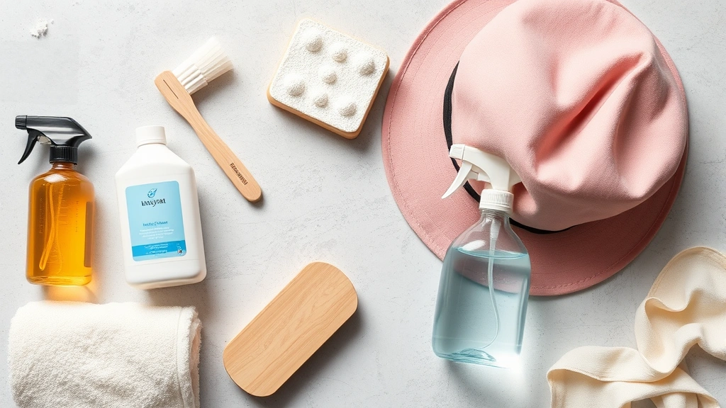 Flat lay arrangement showing hat cleaning supplies including mild detergent, soft brushes, clean towels, and a spray bottle of water