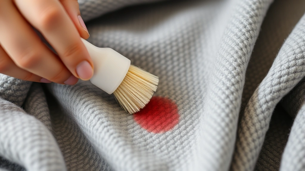 Detail shot of someone using a soft-bristled brush to gently treat a small stain on a weighted blanket fabric with mild cleaning solution