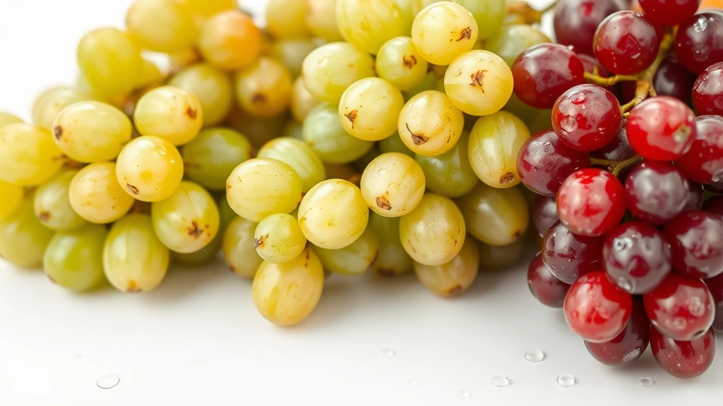 Fresh red and green grapes arranged on white surface with water droplets, close-up of clean grape clusters showing natural texture and shine