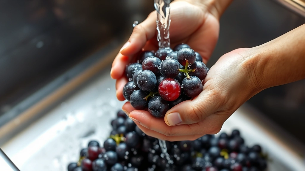 Hands gently rinsing grapes under flowing cold water in a stainless steel sink with soft focus background, showing proper washing technique