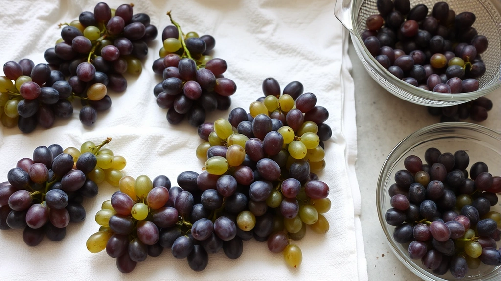 Clean grapes spread on white kitchen towels air-drying naturally, with some grapes in a clear glass bowl and colander nearby