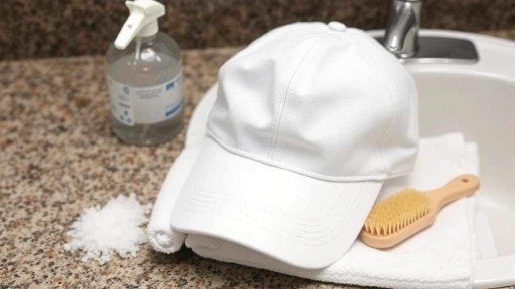 A clean white cotton baseball cap placed on a white towel next to a sink with mild detergent and soft-bristled brush, showing the hand-washing setup for hat care