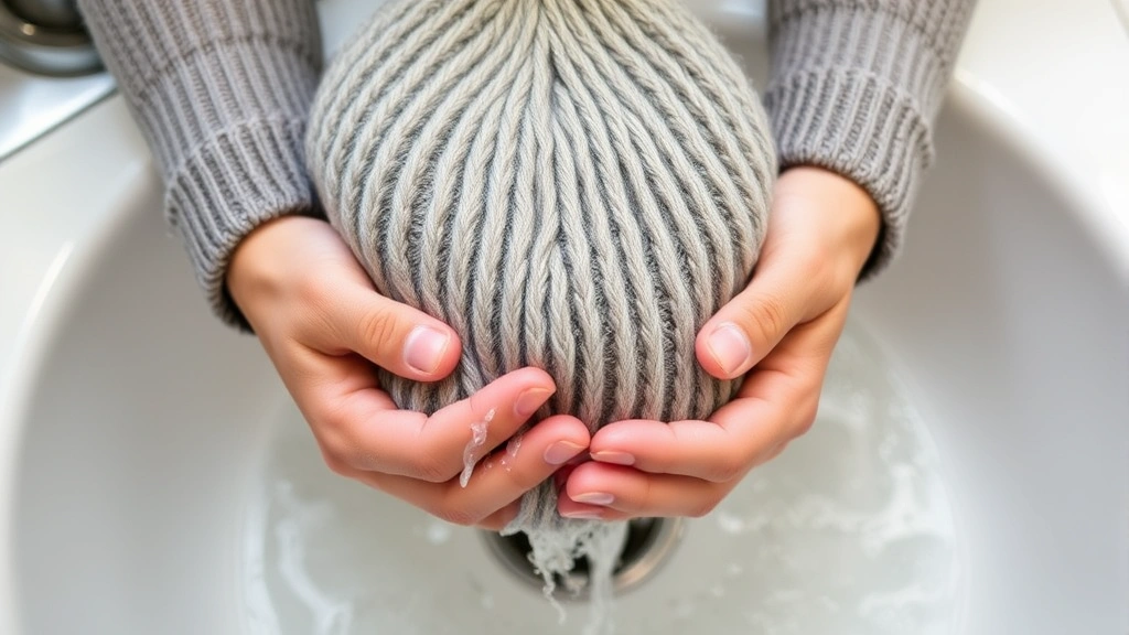 A wet wool beanie being gently squeezed between hands over a sink with cool water flowing, demonstrating proper gentle wringing technique