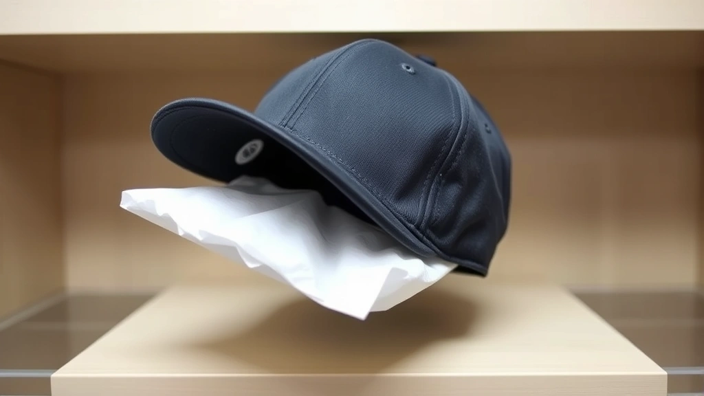 A damp baseball cap stuffed with white tissue paper, positioned upright on a shelf to air dry, showing proper shape maintenance during the drying process