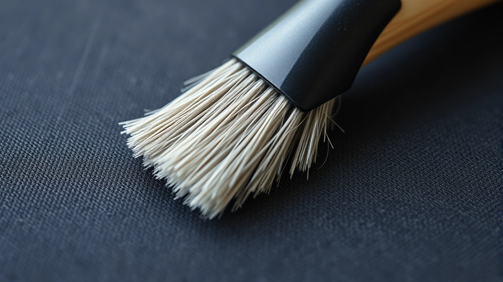 Close-up of soft-bristled brush gently cleaning a fabric mousepad surface with care and precision, showcasing the texture