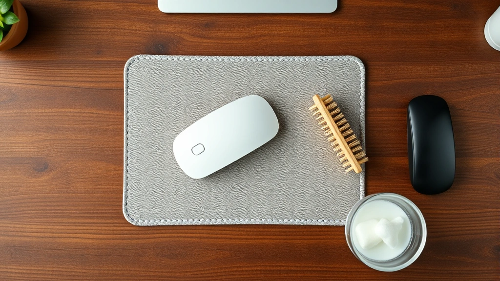 Overhead view of a cloth mousepad on a wooden desk with a soft-bristled brush and mild soap solution nearby, ready for cleaning