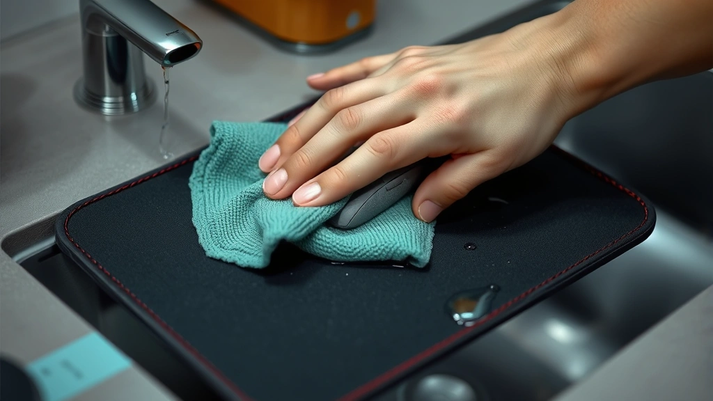 Hands holding a damp microfiber cloth over a hard gaming mousepad, demonstrating proper damp cleaning technique near a sink