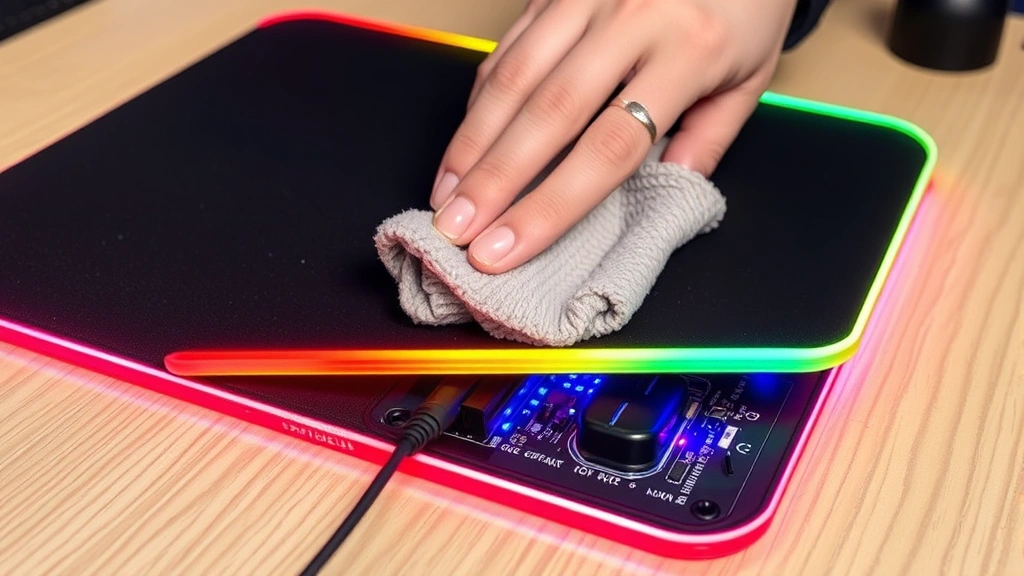 RGB illuminated mousepad being carefully wiped with barely damp cloth, highlighting the connection port and LED components underneath