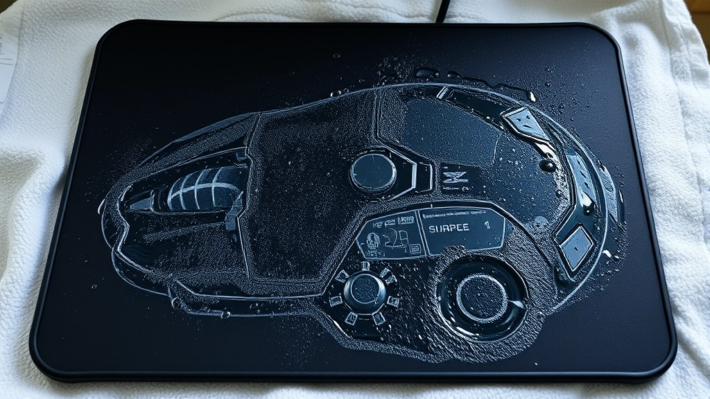 A hard plastic gaming mousepad laid flat on a white towel during the drying process after wet cleaning