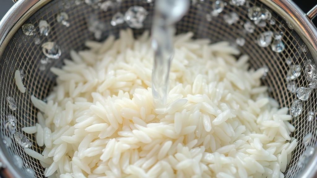 Close-up of rice grains in a fine-mesh strainer under flowing cold water with visible starch clouds, photorealistic kitchen setting
