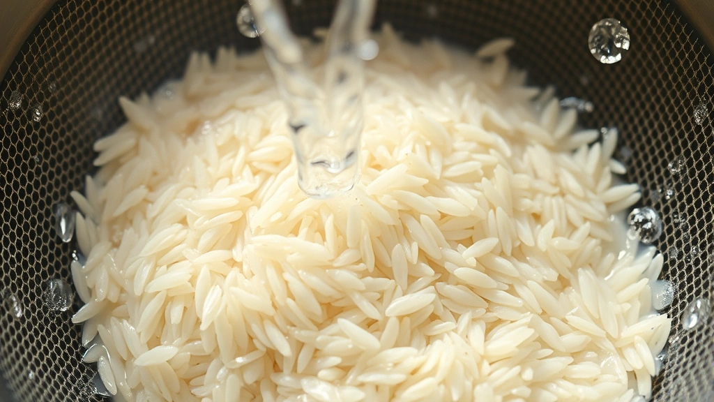 Close-up of rice grains being rinsed in a fine-mesh strainer under clear cool running water, starch particles visible in the water stream, kitchen setting