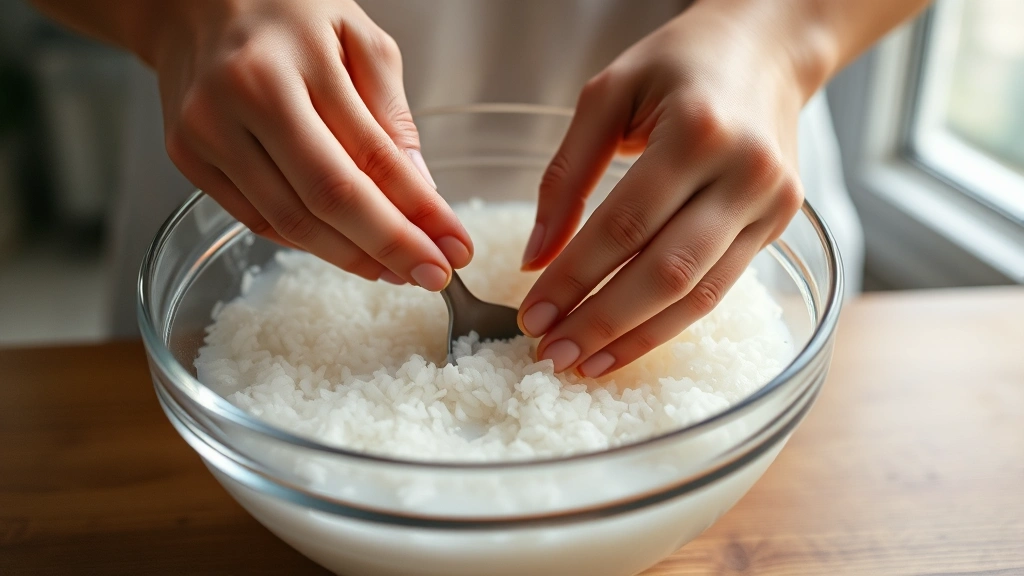 Hands gently stirring white rice in a clear glass bowl filled with cloudy water, soft natural light from kitchen window