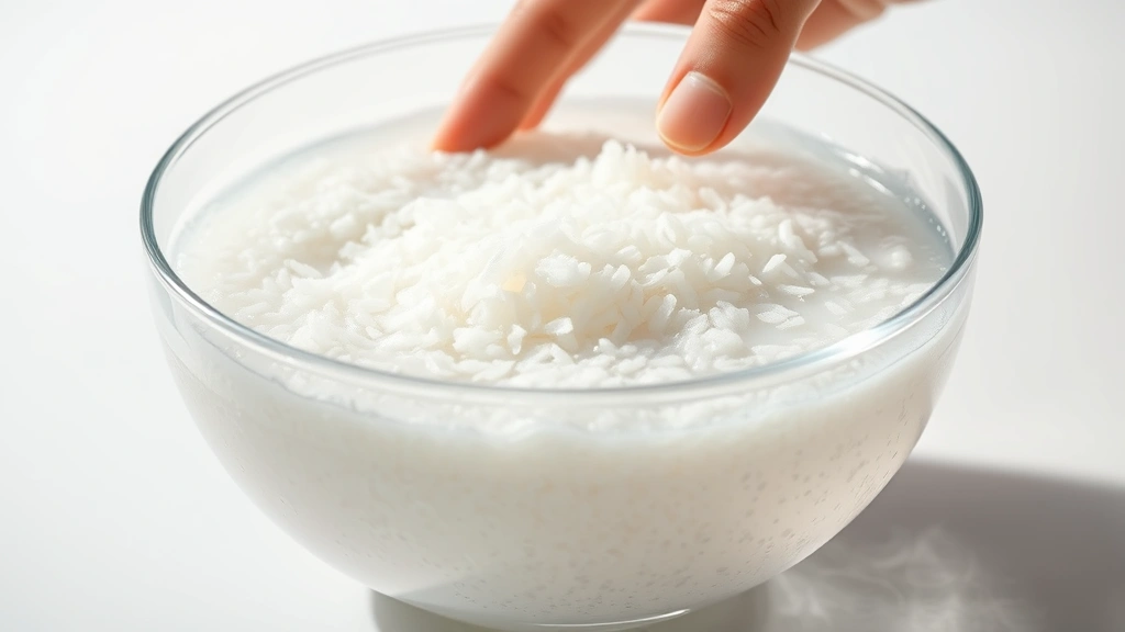 Clear glass bowl filled with white rice and cloudy starch water, hand gently swirling rice, dramatic lighting showing starch particles suspended in water