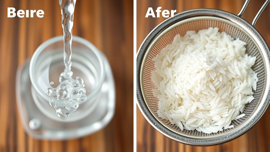 Before and after comparison showing clear water draining from a strainer of washed rice, professional food photography style