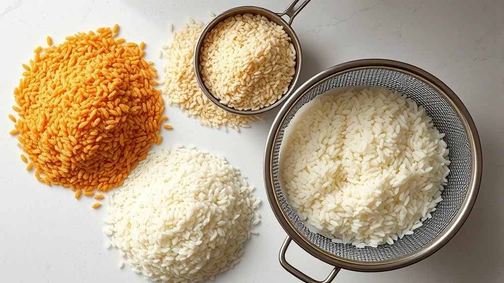 Overhead view of various rice varieties in separate piles, fine-mesh strainer, colander, and large mixing bowl arranged on a clean kitchen counter, natural daylight