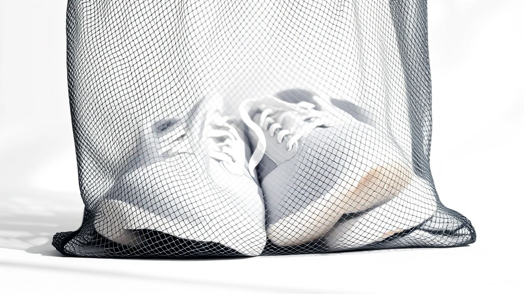 Close-up of mesh laundry bag filled with white and gray athletic sneakers ready for washing, against a clean white background with soft natural lighting