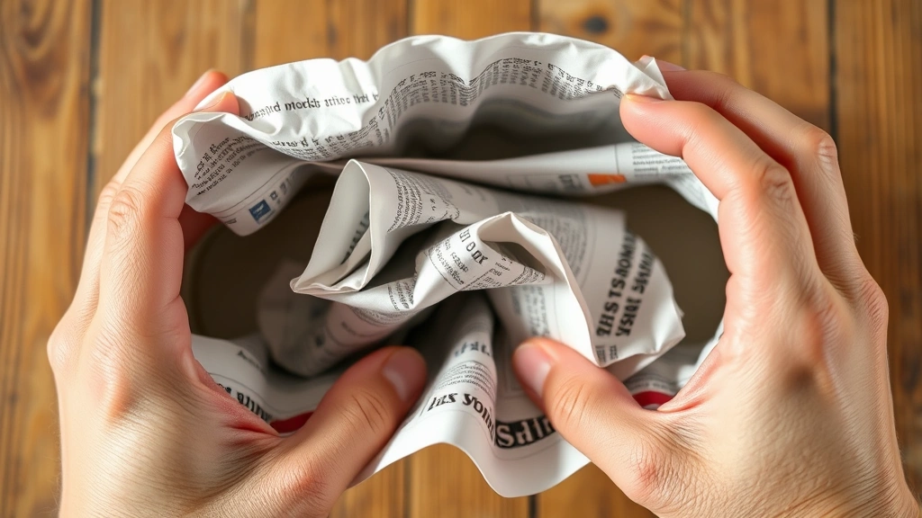Hands stuffing white newspaper into the interior of a damp canvas sneaker for proper drying, showing the shoe positioned upright with newspaper visible