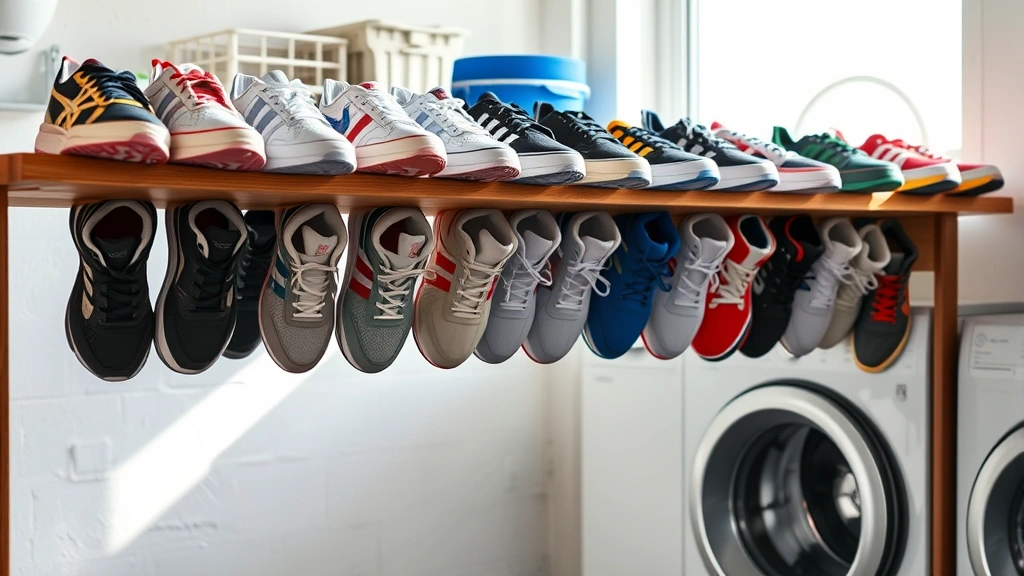 Row of various clean athletic shoes and sneakers air-drying on a wooden shelf in a bright, ventilated laundry room with natural window light